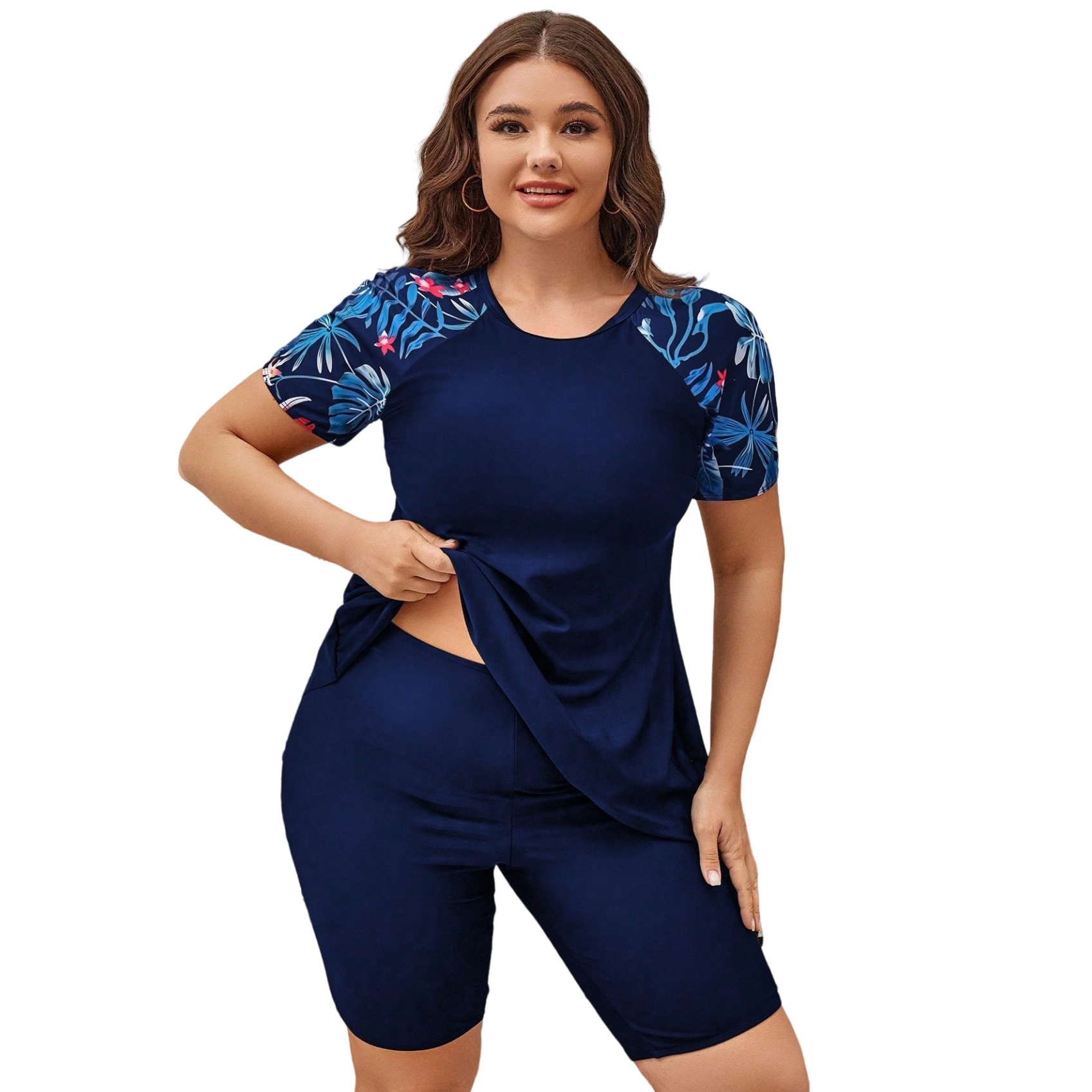 Plus Size Floral Print Two-Piece Set High Waist Surf Swimwear Sports Beachwear